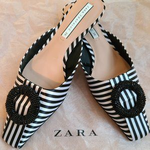 Zara Black and White Striped Beaded Buckle Pointed Mules